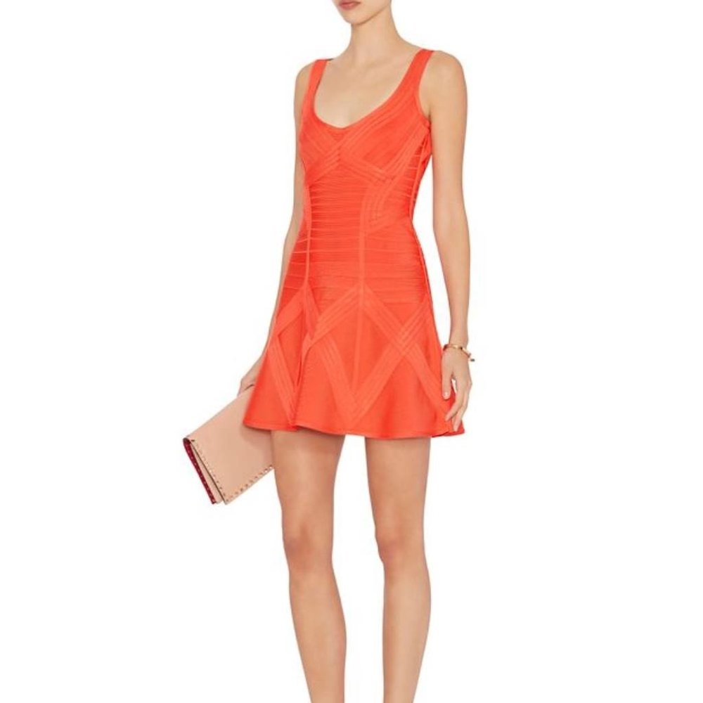 Herve Leger Orange Fit and Flare Dress